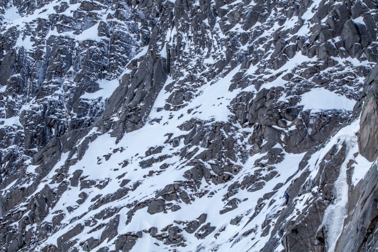 Climbing conditions remain fairly good on the crags.  Climber at the top of pitch 1 (bottom right), Parallel Buttress.