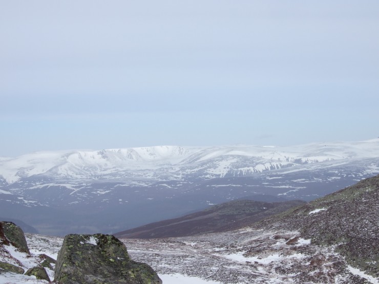 Distant view to a snowy Beinn a'Bhuird
