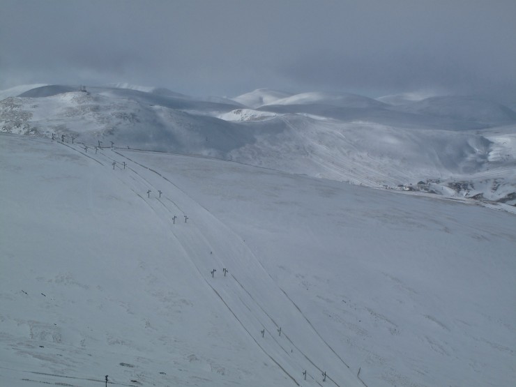 Corrie Fionn, ski area and beyond. E aspects looking white, W aspects, not so pretty!