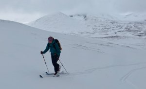 Poor visibility, lots of graupel & good skiing.